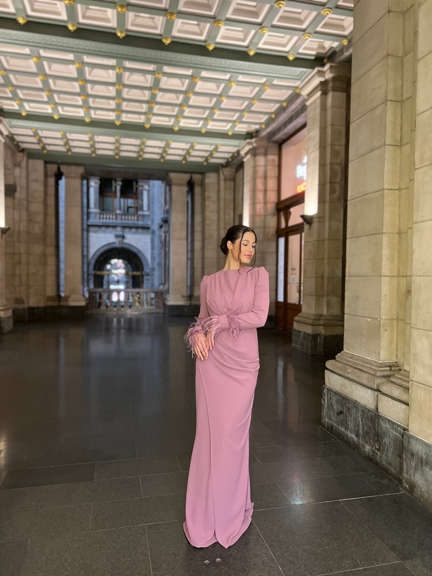 Dusty Rose Sheath Ruched Long Sleeves Back Zipper Formal Dress