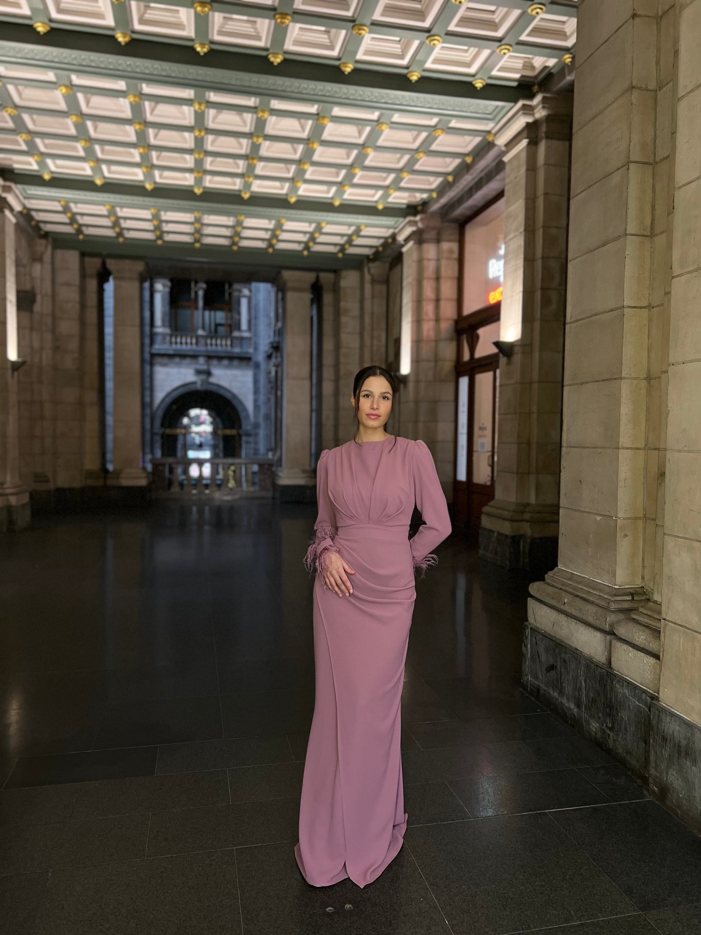 Dusty Rose Sheath Ruched Long Sleeves Back Zipper Formal Dress
