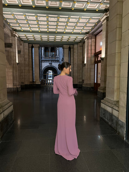 Dusty Rose Sheath Ruched Long Sleeves Back Zipper Formal Dress