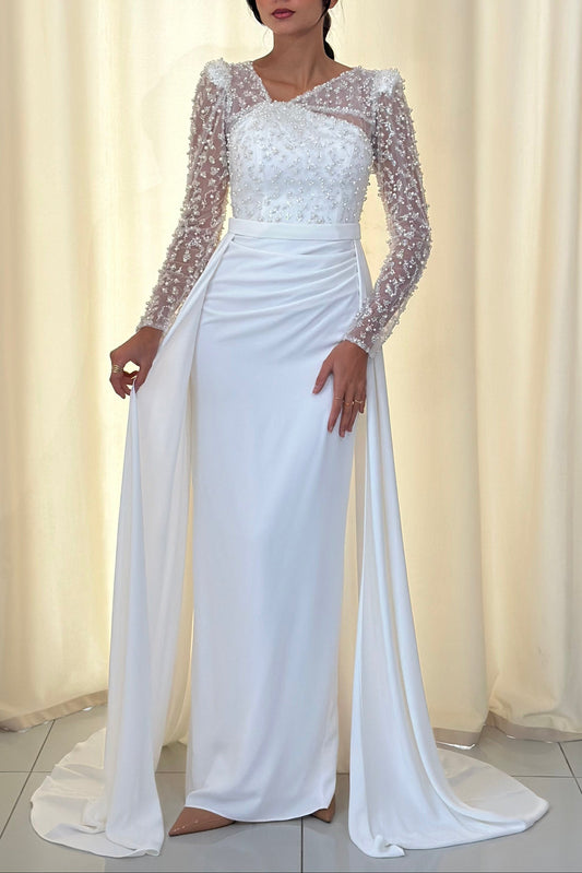 Sheath V Neck Long Sleeves Beaded Long Sleeves Formal Gown