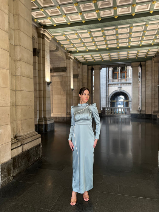 Blue High Neck Long Sleeves Ankle Length Evening Dress