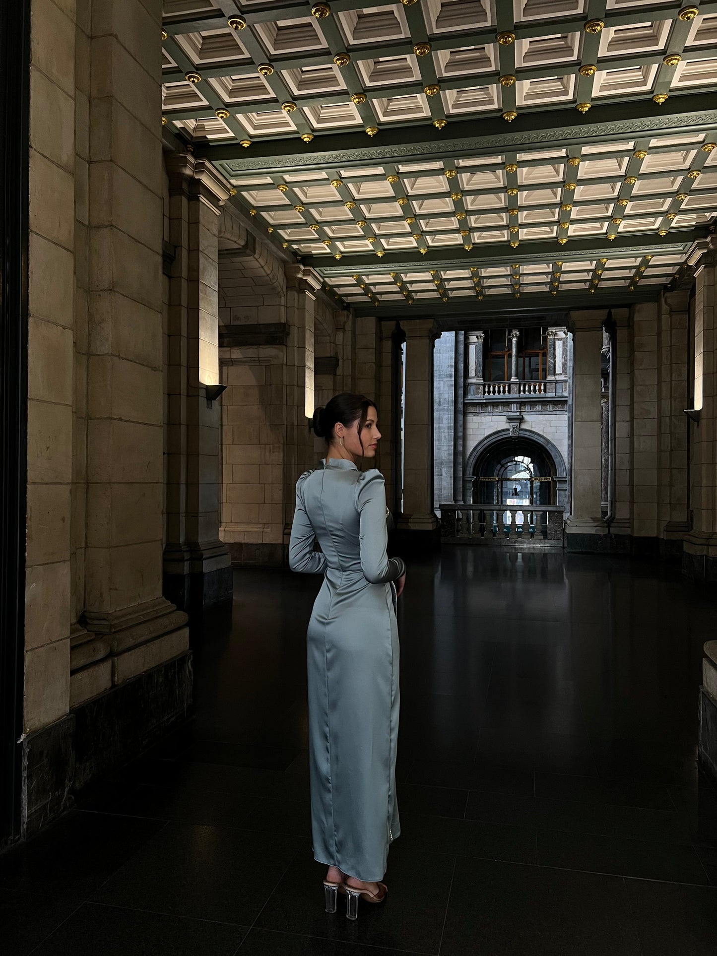 Blue High Neck Long Sleeves Ankle Length Evening Dress