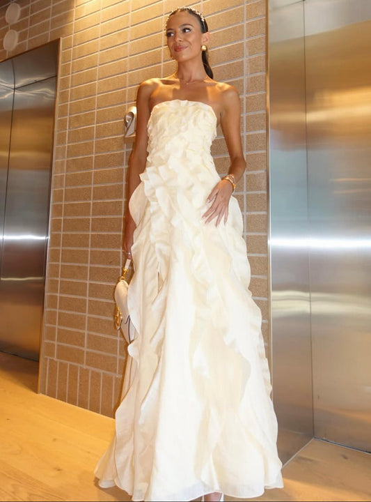 Light Yellow Tube Top Ruffles Column Prom Dress