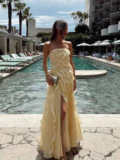 Light Yellow Tube Top Ruffles Column Prom Dress