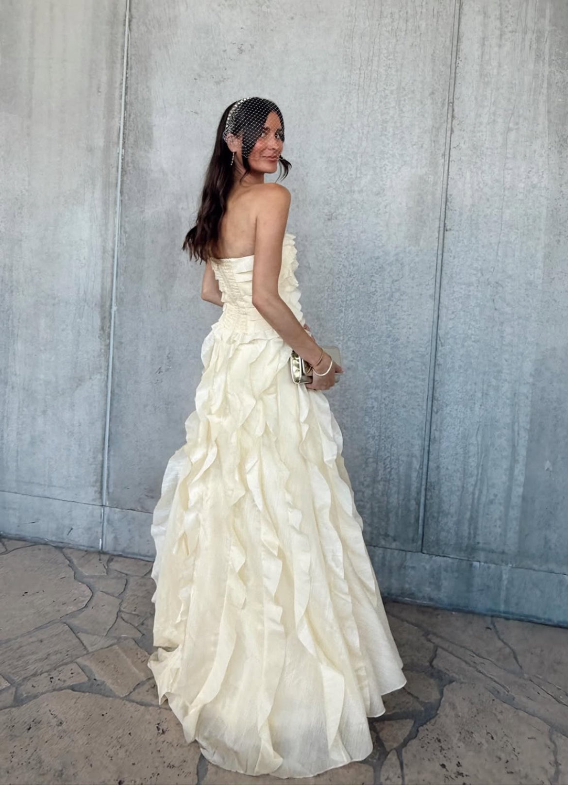 Light Yellow Tube Top Ruffles Column Prom Dress