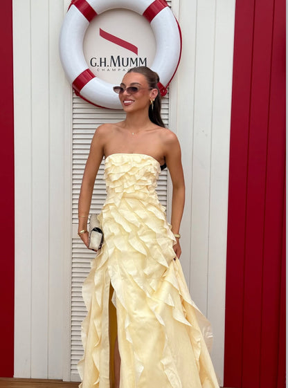 Light Yellow Tube Top Ruffles Column Prom Dress