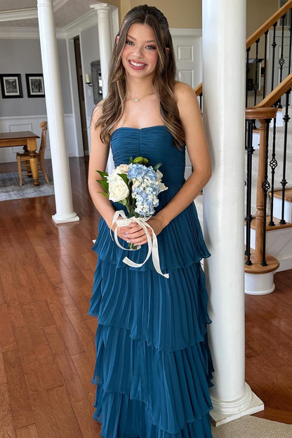 Sweetheart Strapless Tiered A-line Prom Dress Sleeveless Pleated Chiffon Floor-Length Party Gowns