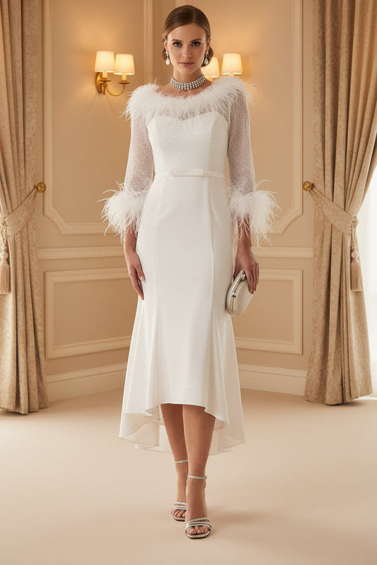 Ivory Bateau Neck Half Sleeves Feather Mother of the Bride Dress