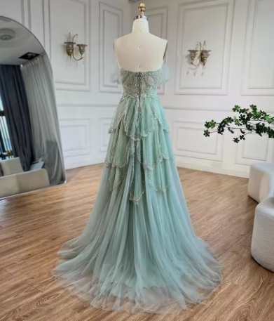 Sage Green A-Line Off The Shoulder Tulle Beaded Evening Dress