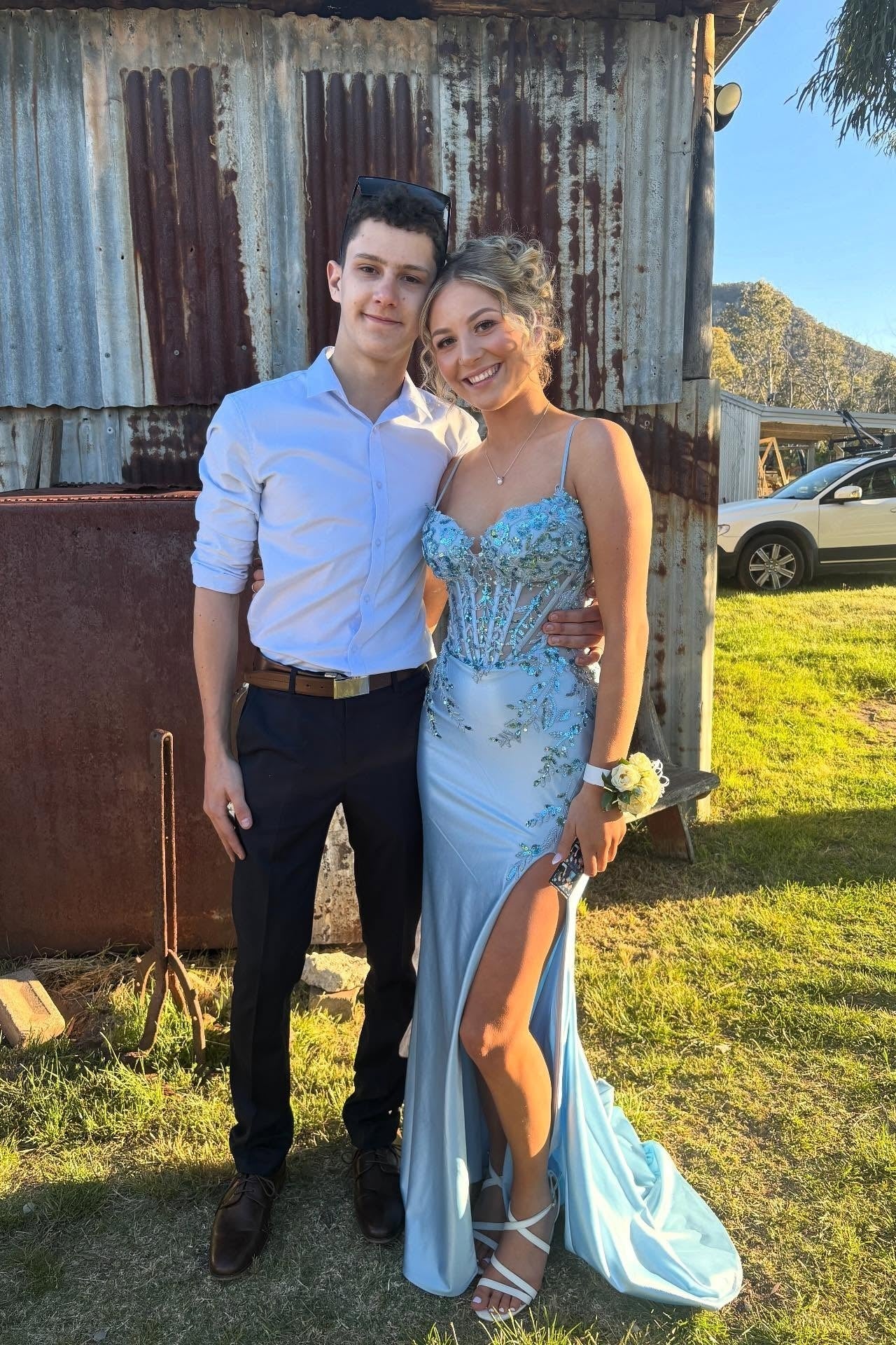 Ice Blue Sequin Appliques Mermaid Long Dress with Slit