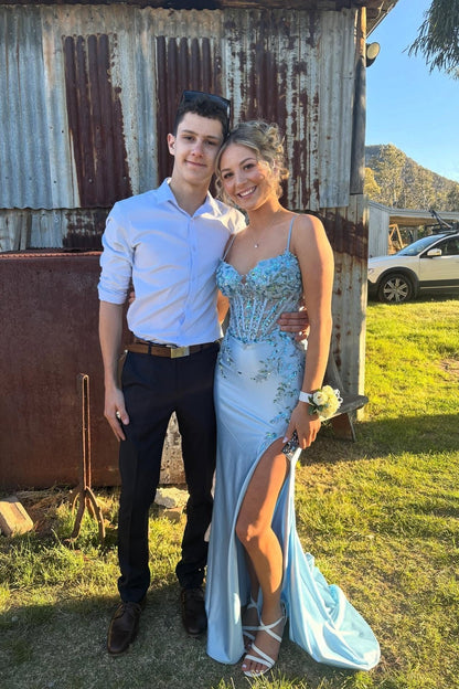 Ice Blue Sequin Appliques Mermaid Long Dress with Slit