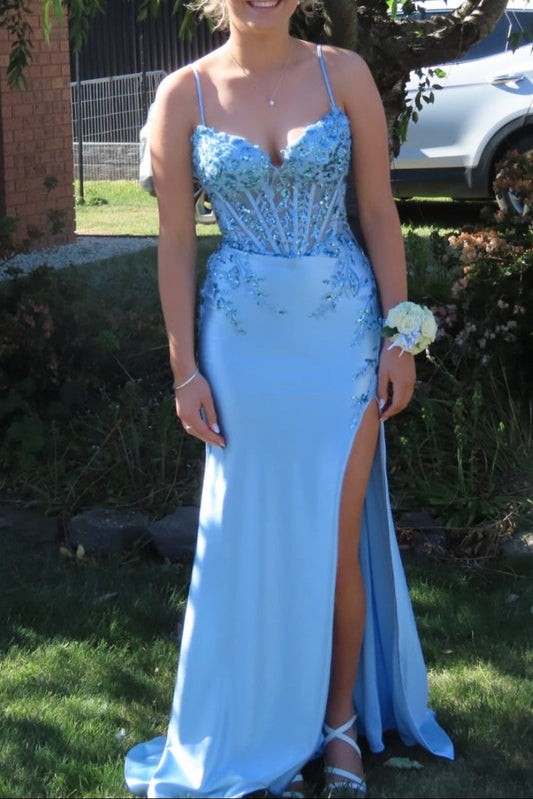 Ice Blue Sequin Appliques Mermaid Long Dress with Slit