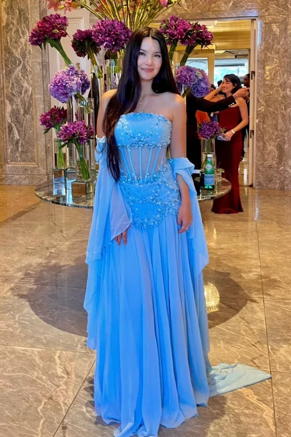 Embellished Corset Evening Gown with Bell Sleeve Jacket