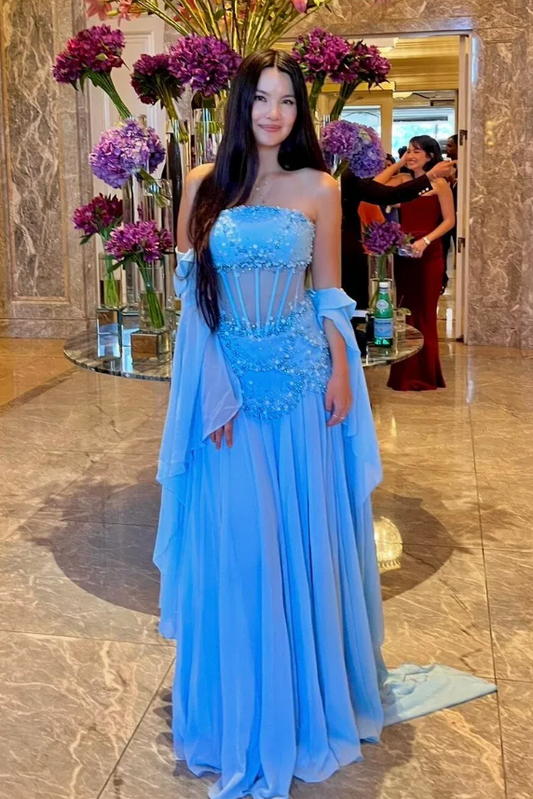 Embellished Corset Evening Gown with Bell Sleeve Jacket