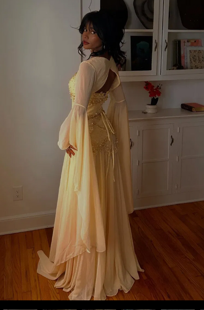 Embellished Corset Evening Gown with Bell Sleeve Jacket