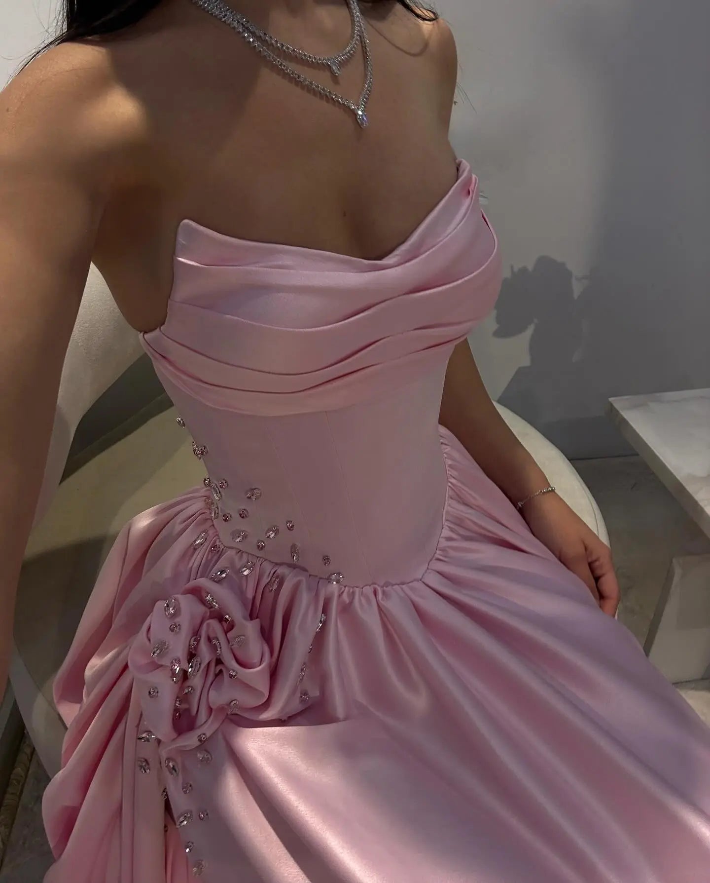 Pink Crystal Strapless High Slit Elegant Evening Dress