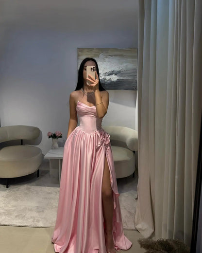 Pink Crystal Strapless High Slit Elegant Evening Dress