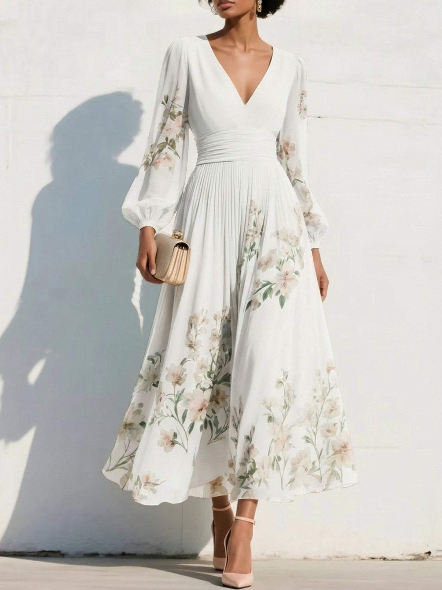V-Neck Print-Chiffon Pleated Tea-Length Mother of the Bride Dress