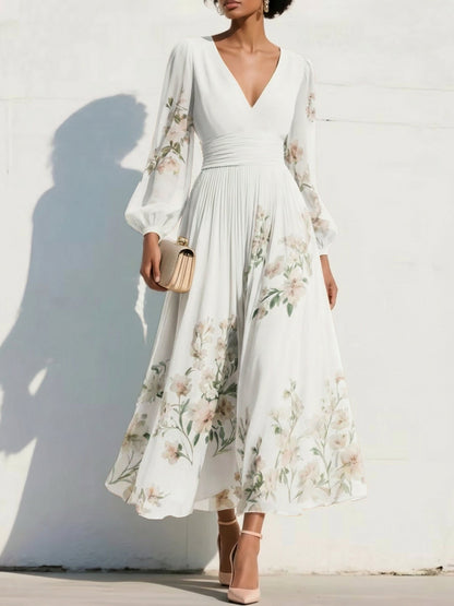 V-Neck Print-Chiffon Pleated Tea-Length Mother of the Bride Dress