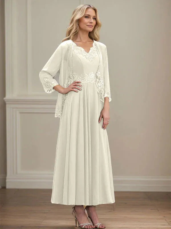A-line V-Neck Ankle-Length Chiffon Mother of the Bride Dress