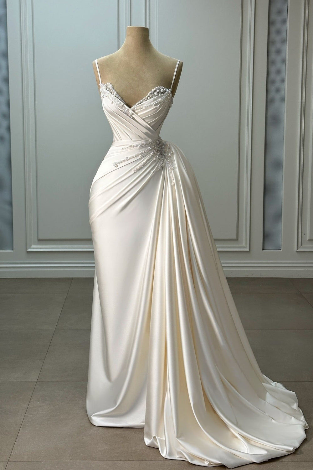 Ivory Column Sweetheart Spaghetti Strap Sleeveless Beaded Panel Train Ruffle Satin Bridal Gown With Pearls