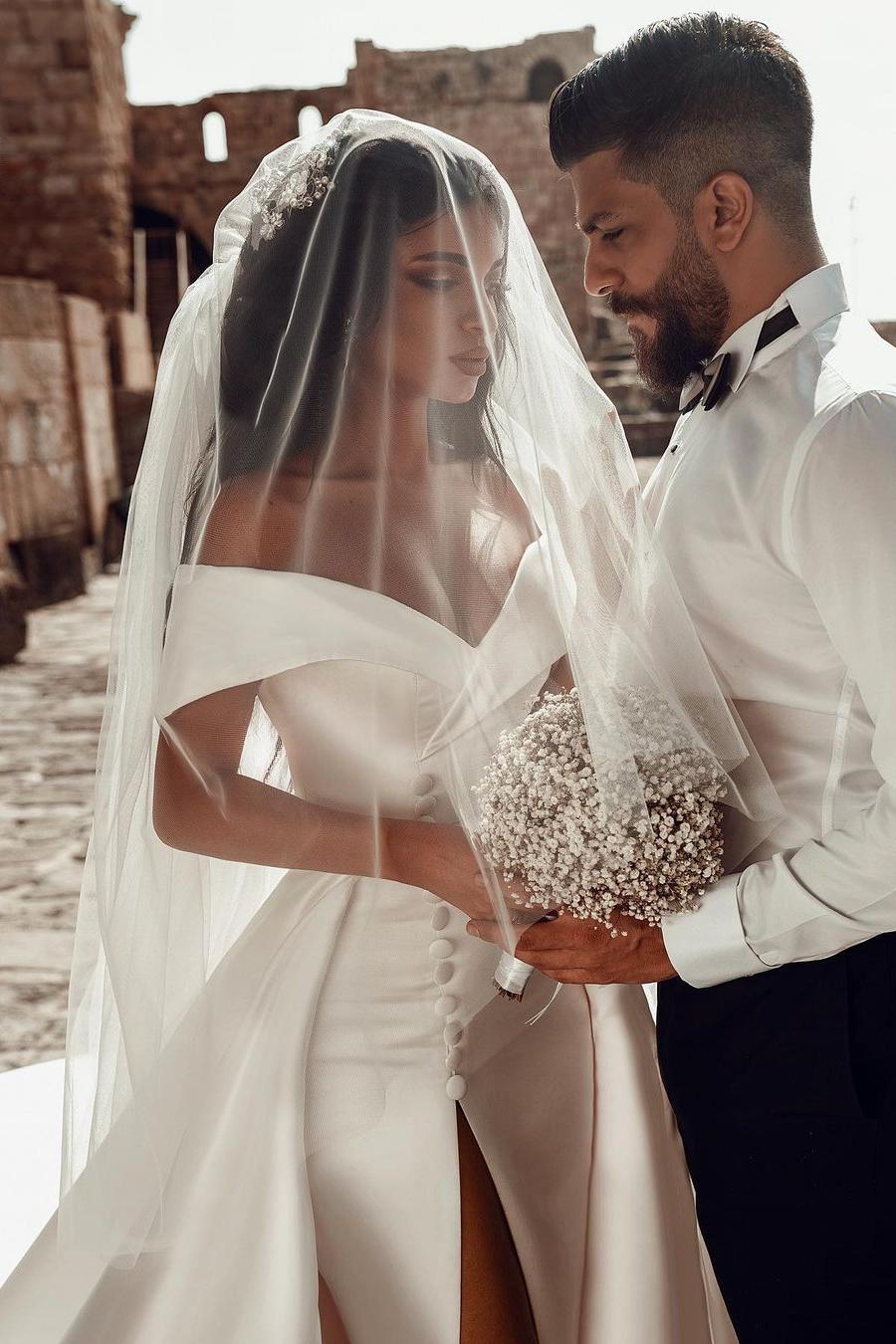 Ivory Off the Shoulder Wedding Dress Long Sleeves Bridal Dress with Panel Train