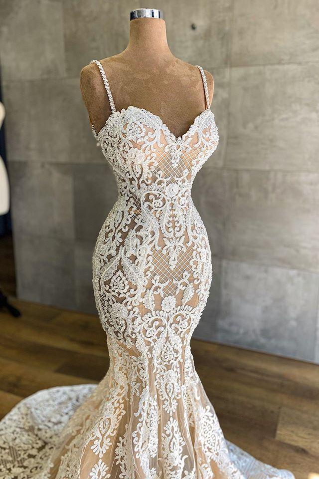 Ivory Wedding Dress Spaghetti Straps Lace Mermaid Bridal Dress