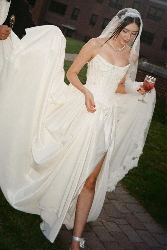 Scoop-Neck Off-Shoulder Beaded Satin Mermaid Wedding Dress