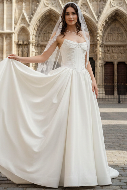 Scoop-Neck Off-Shoulder Beaded Satin Mermaid Wedding Dress