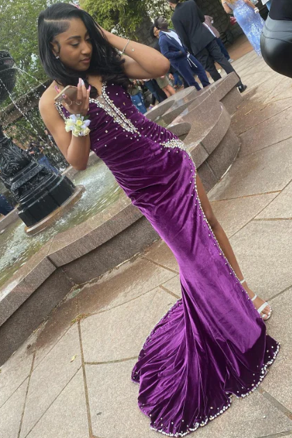 V-Neck Off-Shoulder Beaded Velvet Pleated Mermaid Prom Dress