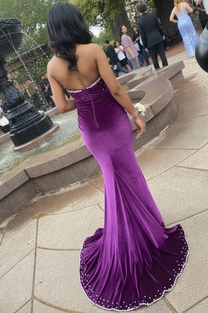 V-Neck Off-Shoulder Beaded Velvet Pleated Mermaid Prom Dress