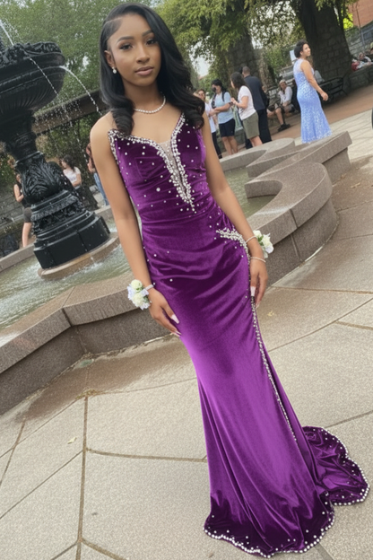 V-Neck Off-Shoulder Beaded Velvet Pleated Mermaid Prom Dress