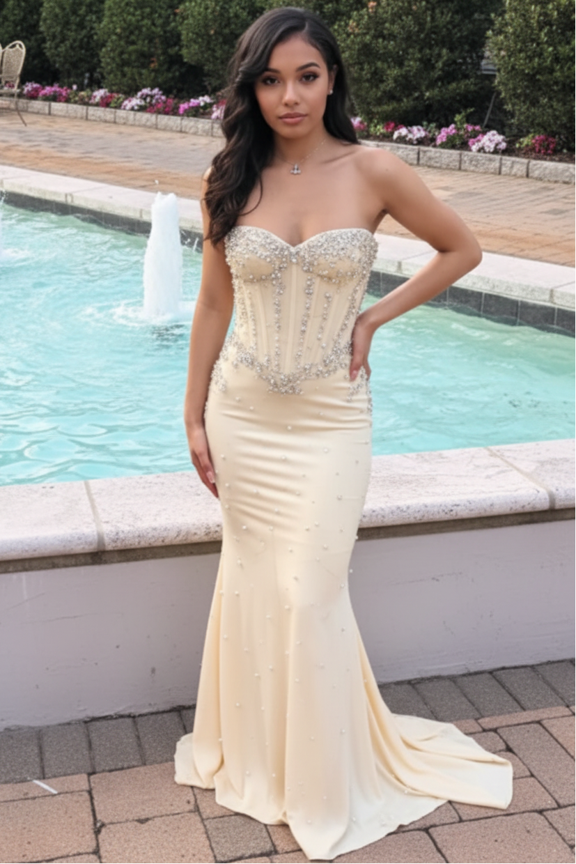 Sweetheart Off-Shoulder Sleeveless Beaded Satin Mermaid Prom Dress