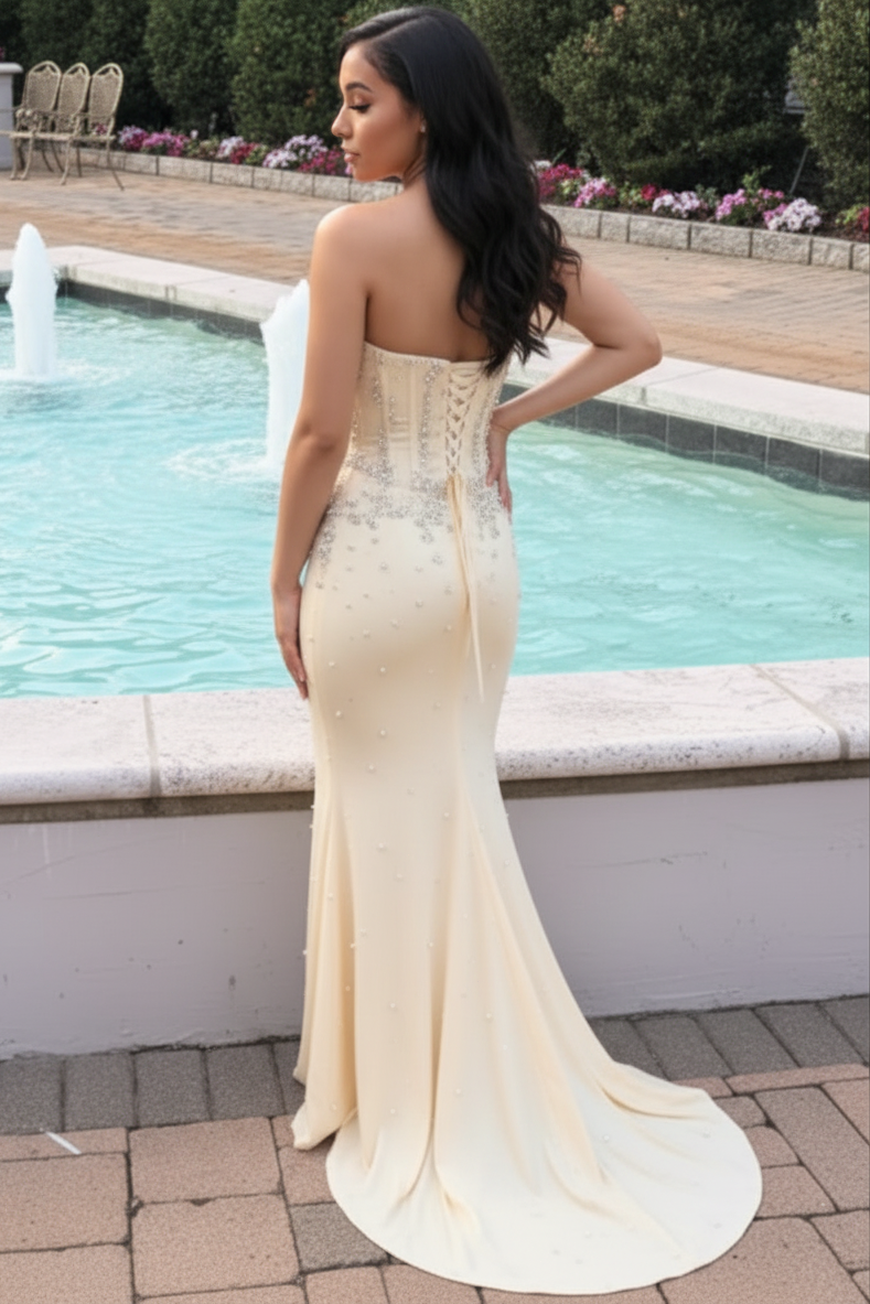 Sweetheart Off-Shoulder Sleeveless Beaded Satin Mermaid Prom Dress