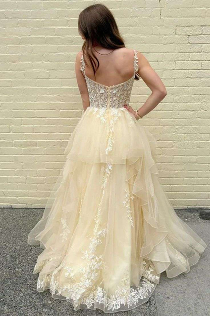 A-Line V-Neck Empire-Waist Lace Appliques Ruffles Long Prom Dress