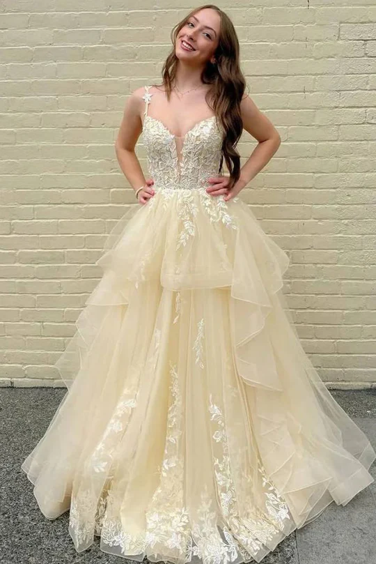 A-Line V-Neck Empire-Waist Lace Appliques Ruffles Long Prom Dress