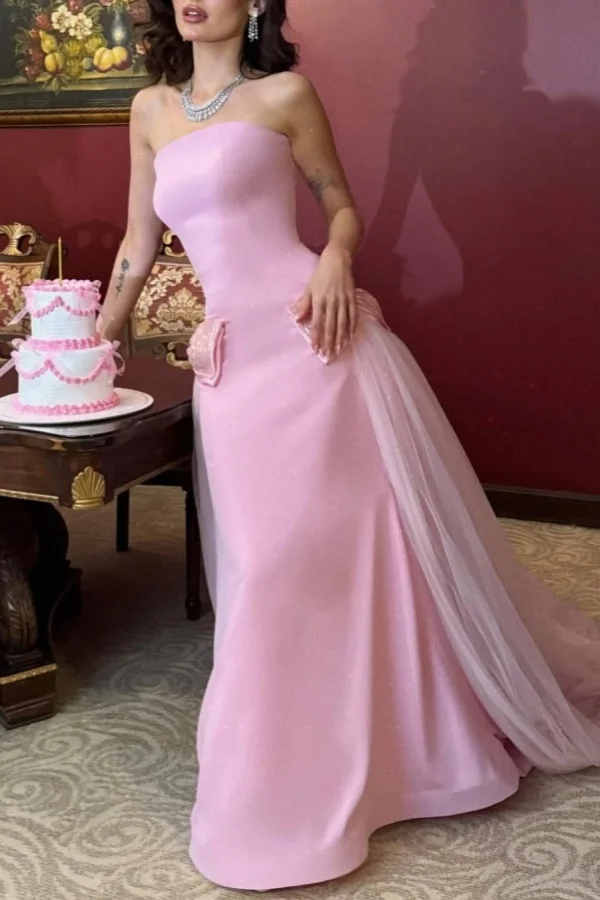 Sweet Pink Strapless Bow-Knot Long Prom Dress