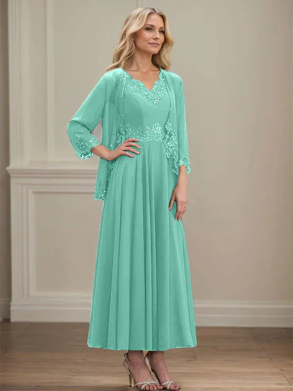 A-line V-Neck Ankle-Length Chiffon Mother of the Bride Dress