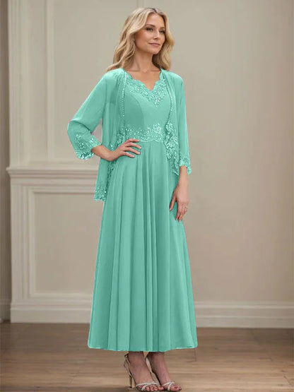 A-line V-Neck Ankle-Length Chiffon Mother of the Bride Dress