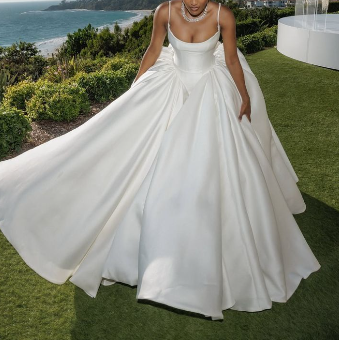 Classy Spaghetti Straps White Satin Long Wedding Dress