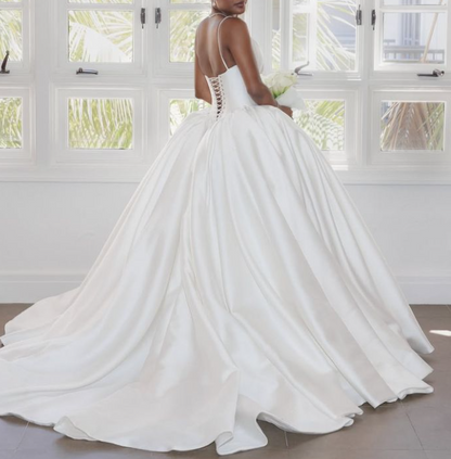 Classy Spaghetti Straps White Satin Long Wedding Dress