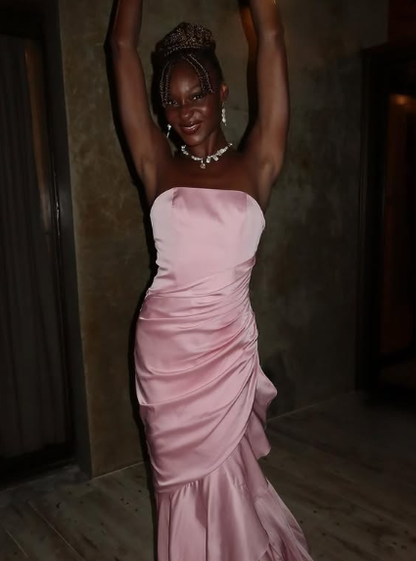 Pink Elegant Mermaid Evening Dress Strapless Pleated Prom Dress