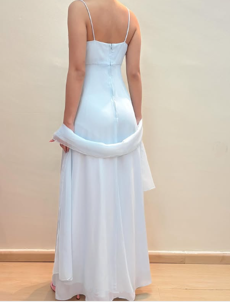 Blue Straps Chiffon Appliques Beaded Prom Evening Dress