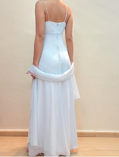 Blue Straps Chiffon Appliques Beaded Prom Evening Dress