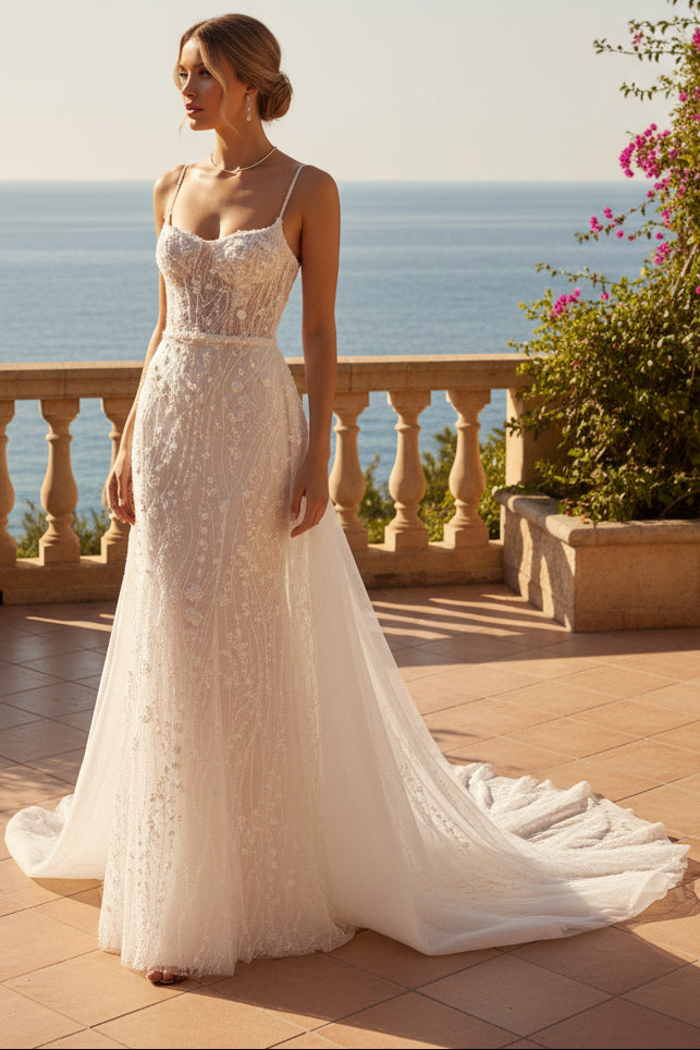 Trumpet Spaghetti Straps Beading Floral Wedding Dress
