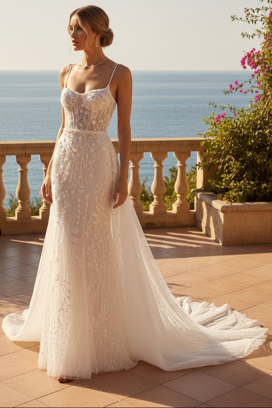 Trumpet Spaghetti Straps Beading Floral Wedding Dress