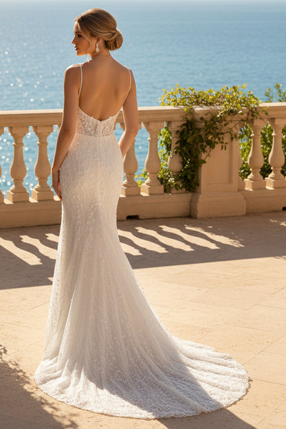 Trumpet Spaghetti Straps Beading Floral Wedding Dress
