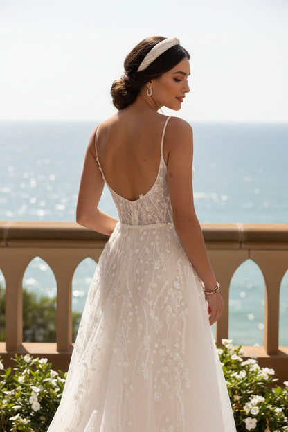 Trumpet Spaghetti Straps Beading Floral Wedding Dress