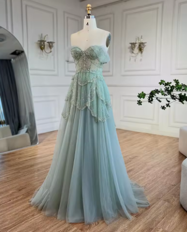 Sage Green A-Line Off The Shoulder Tulle Beaded Evening Dress