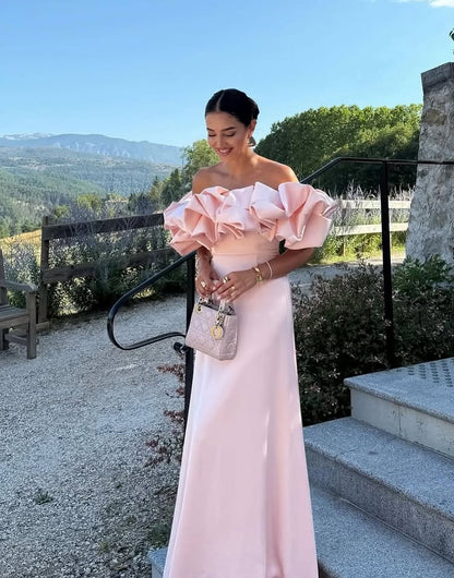 Pink Off the Sholder Sleeveless Mermaid Ruched Evening Dress Floor-Length